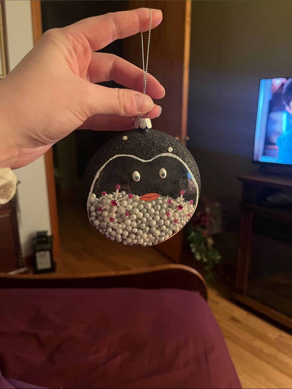 “Penguin” Glitter Snow Globe Ornament with Pearl Beads and Pink accents
